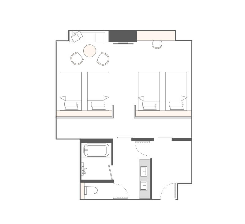 広さ:71㎡ 人数:2~4名様 ベッドサイズ:1100×2080×4台 設備:バスルーム、温水洗浄トイレ、USB電源、コンセント 備品:液晶TV1台、冷蔵庫、セキュリティボックス、加湿機能付空気清浄機、電気ケトル、ドライヤー
