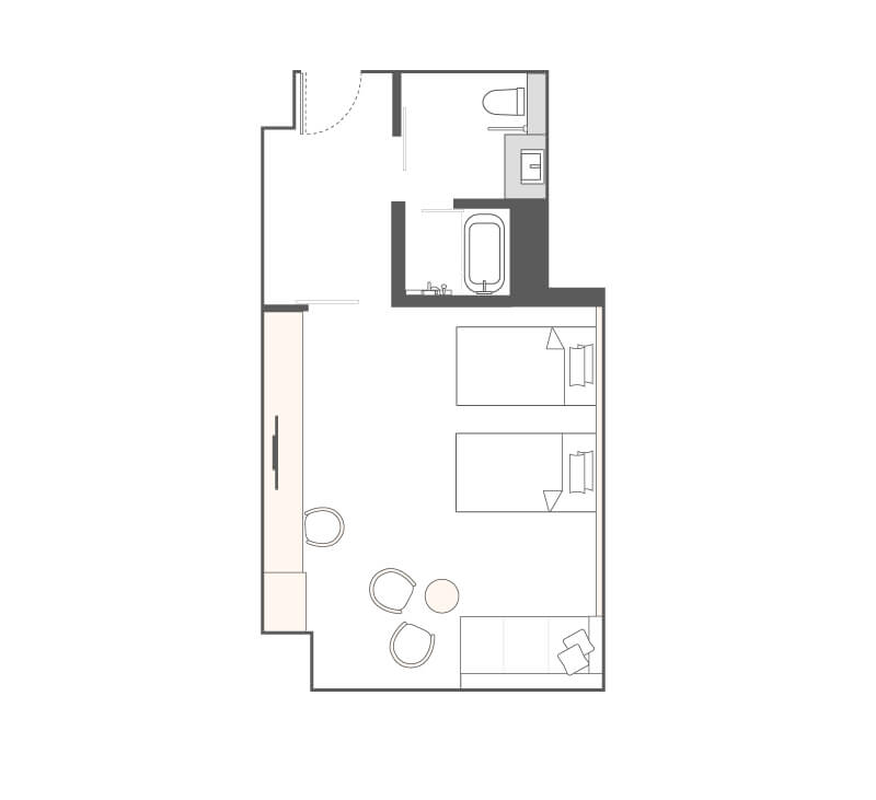 広さ:50㎡ 人数:2~3名様 ベッドサイズ:1100×2030×2台、ソファベッド 広さ:58㎡ 人数:2~4名様 ベッドサイズ:1100×2080×4台 設備:バスルーム(手すり付)、温水洗浄トイレ(手すり付)、USB電源、コンセント 備品:液晶TV、冷蔵庫、セキュリティボックス、加湿機能付空気清浄機、電気ケトル、ドライヤー